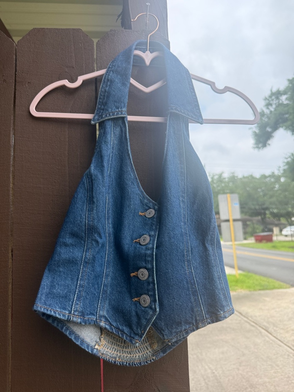 Fitted Denim Halter Vest in Classic Blue levy